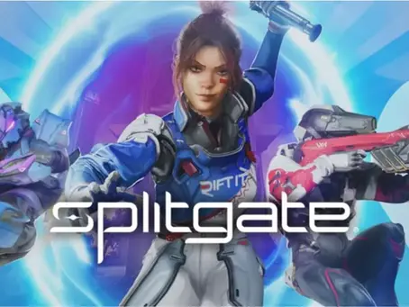 Futuristic warriors in armor with guns, set against a glowing blue portal. "Splitgate" text overlay. Energetic and action-packed scene.
