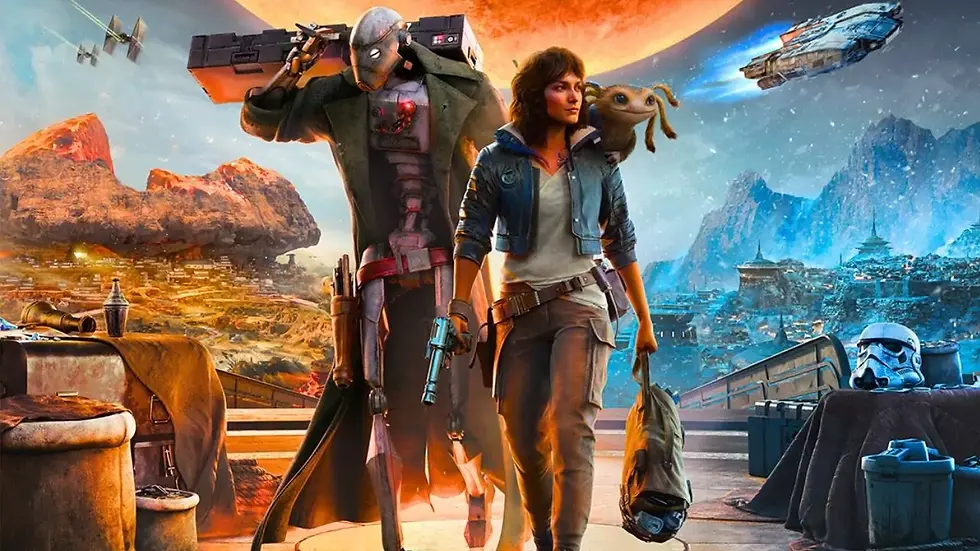 Star Wars Outlaws's futuristic scene with a robot and human walking, weapons in hand, an alien on shoulder. Background of dramatic landscapes and spaceships.