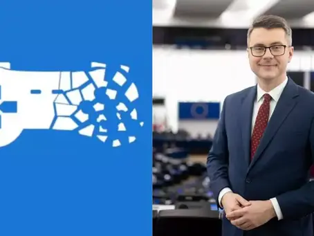 Blue graphic of a game controller breaking apart is from stop killing games, next to a man in a suit is piotr muiler smiling in a modern, spacious indoor setting, possibly an office.