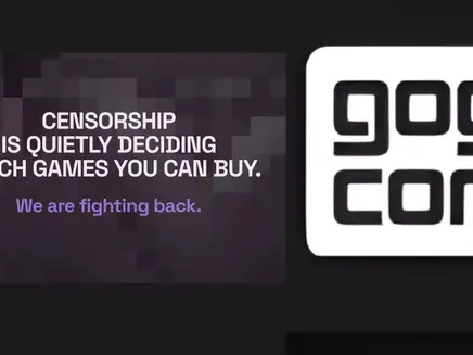 Text on a pixelated background reads, "Censorship is quietly deciding which games you can buy. We are fighting back." A logo with "GOG COM" is on the right.