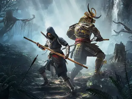 Two warriors, one in dark robes with a staff, the other in samurai armor, stand back-to-back in a misty forest, ready for battle. its from Assassin’s Creed Shadows DLC.