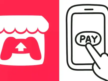 Illustration: Red background with a itch storefront icon and an uploaded game controller. A hand presses "PAY" on a smartphone screen.