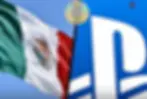 Mexican flag waves beside a CD and large PlayStation logo on blue sky, with a Gaming Amigos watermark.