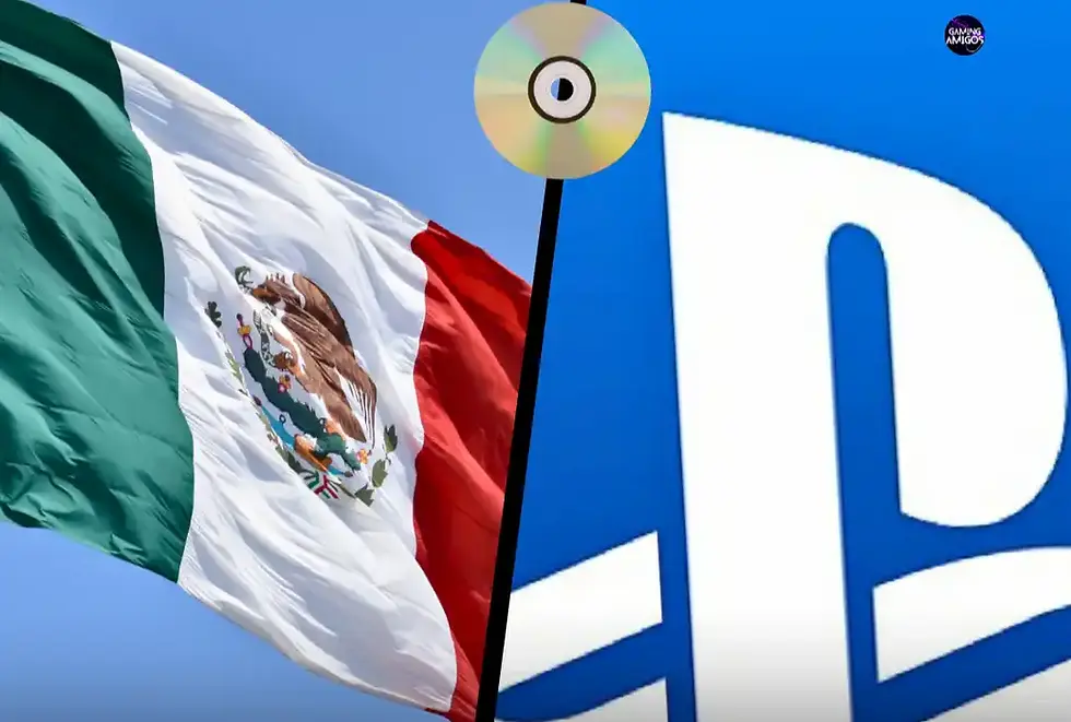 Mexican flag waves beside a CD and large PlayStation logo on blue sky, with a Gaming Amigos watermark.