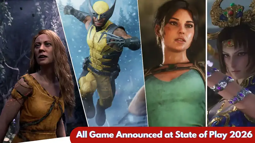 Collage of game characters, including Wolverine, with headline: All Game Announced at State of Play 2026.
