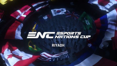 Esports Nations Cup logo in center with Riyadh text, surrounded by waving national flags in a dark arena.