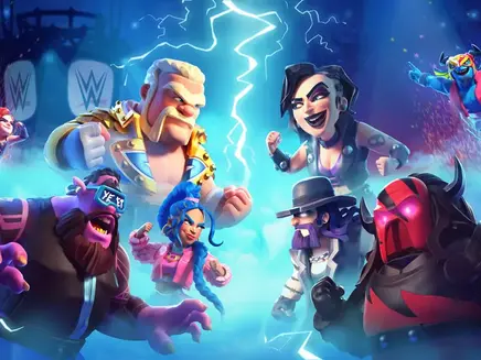 Cartoon characters with colorful outfits and expressions in a dynamic pose, set against a lightning-filled blue backdrop with "WWE" logos. its from supercell game clash of clans and clash royale.