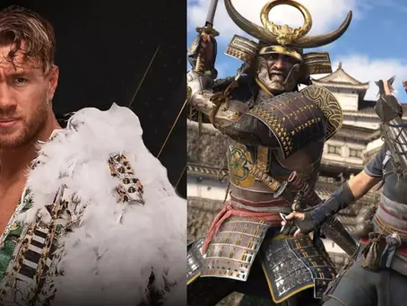Wrestler in white feathered outfit on left is AEW’s Will Ospreay; armored samurai and ninja poised with swords on right. Historical building backdrop is from Assassin's Creed Shadows.