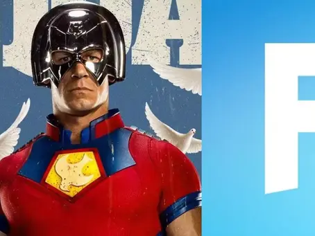 DCU character Peacemaker in red and blue superhero costume with helmet holds a gun. White doves in the background, large white "Fortnite" logo on blue on the right.
