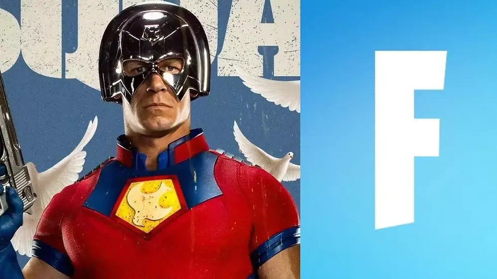 DCU character Peacemaker in red and blue superhero costume with helmet holds a gun. White doves in the background, large white "Fortnite" logo on blue on the right.