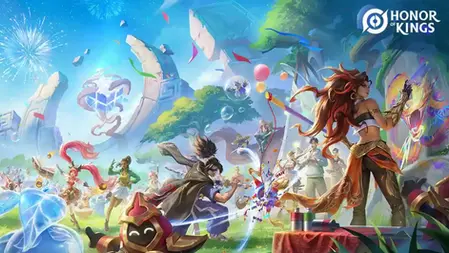 Fantasy scene with vibrant characters celebrating outdoors. Fireworks, balloons, and confetti fill the sky. "Honor of Kings" text in corner.