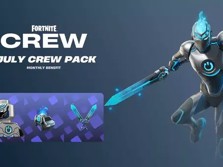 Futuristic armored character Reboot Man with a glowing sword; Fortnite Crew July Pack text is visible. Accompanying items with a blue theme.