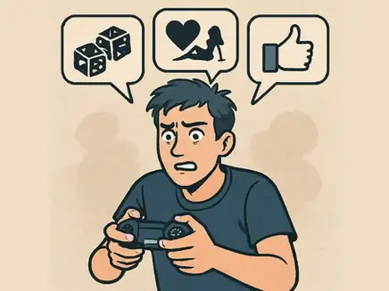 It shows a gamer gripping his console controller, while icons representing gambling, adult content, and social media float above him like intrusive notifications. The composition emphasizes how these competing forces pull focus away from gaming.