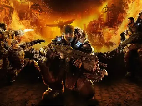 Armored soldiers wielding weapons, amidst a fiery, chaotic backdrop. Intense atmosphere with flames and dystopian setting. its Gears of War Reloaded.