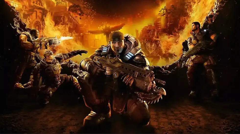Marcus Fenix and Delta Squad soldiers wielding weapons, amidst a fiery, chaotic backdrop. Intense atmosphere with flames and dystopian setting. its Gears of War Reloaded.