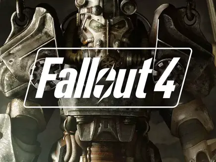Armored figure in metallic suit with "Fallout 4" text overlay. Industrial setting with muted colors, conveying a gritty, futuristic mood.
