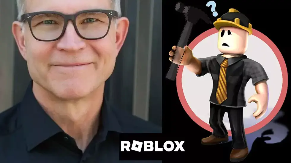 David Baszucki, ceo of Roblox, smiling beside a Roblox character holding a hammer with a question mark. The background is dark. Text: "ROBLOX". Mood: Curious.