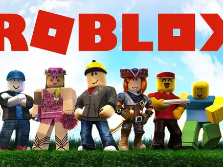 Cartoon characters in colorful outfits stand on grass under a blue sky. Large red text reads "ROBLOX" above them, conveying a playful mood.