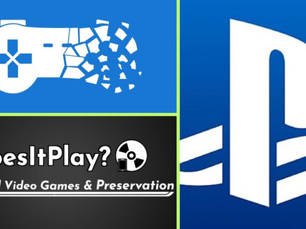 Collage of a Stop Killing Games, DoesItPlay? Physical Video Games & Preservation text, and a large PlayStation logo on blue.