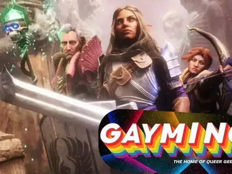 Fantasy characters in armor hold weapons with magic effects in a mystical setting. its from Dragon age the veilguard game. "GAYMING" text with rainbow colors overlays the scene. as the game won gayming award.