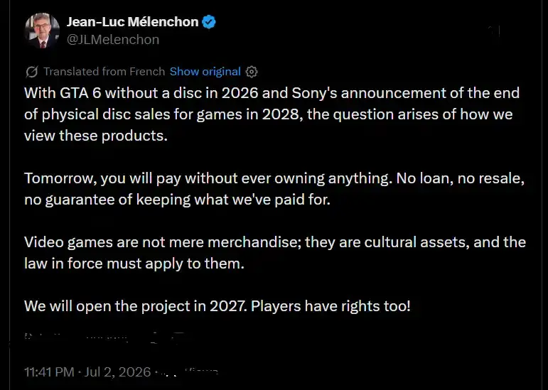 Screenshot of Jean-Luc Mélenchon’s tweet on X about GTA 6, Sony ending disc sales, and players’ rights on a black background.