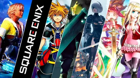 Collage of various video game characters from Square Enix titles on colorful backgrounds with Square Enix logo vertically in the center.