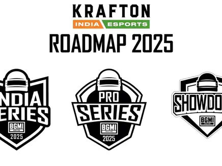 Krafton India BGMI Esports Roadmap 2025 features logos for India Series, Pro Series, and Showdown. Black and white design with helmet icons.