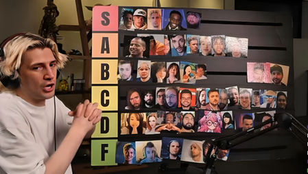 XQC beside a streamers tier list board labeled S, A, B, C, D, F with many creator face photos in a studio.