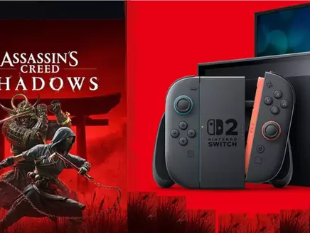Assassin's Creed: Shadows cover with samurai scene, red backdrop. Nintendo Switch with Joy-Cons displayed on the right.