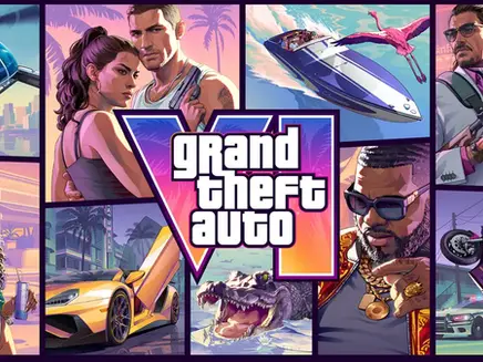 Grand Theft Auto VI poster with neon collage of characters, helicopter, speedboat, car, motorcycle, crocodile, and bold GTA VI logo.
