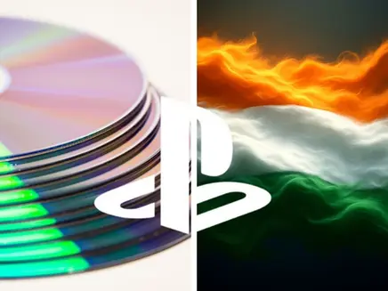 PlayStation logo over a split image of stacked CDs and a fiery Indian tricolor background, bold and tech-themed.