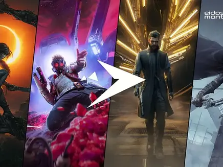 Characters in dynamic poses from various games from Eidos-Montréal, set against vivid backgrounds: an eclipse, outer space, golden lights, and foggy rooftops.