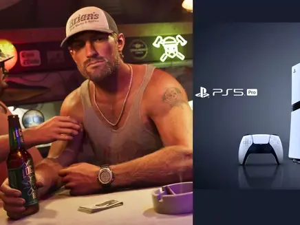 Two men sit at a bar with beer bottles, one wearing a cap is GTA 6 (Grand Theft Auto 6) main lead Jason. Neon signs glow in the background. Next to them, a PS5 Pro console and controller.