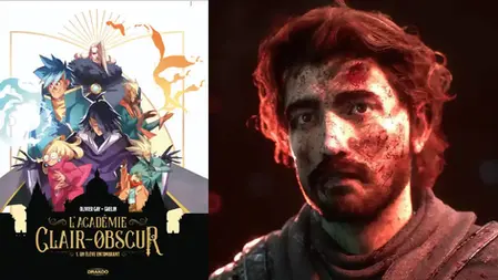 Comic book cover with colorful characters and magic effects on the left, a dramatic, intense close-up of a a face of character from clair obscur expedition 33.