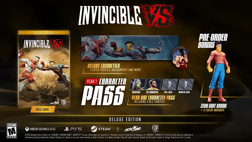 Video game promo for Invincible X. Features fighting characters, deluxe edition box art, and pre-order bonuses. Text highlights DLC content.