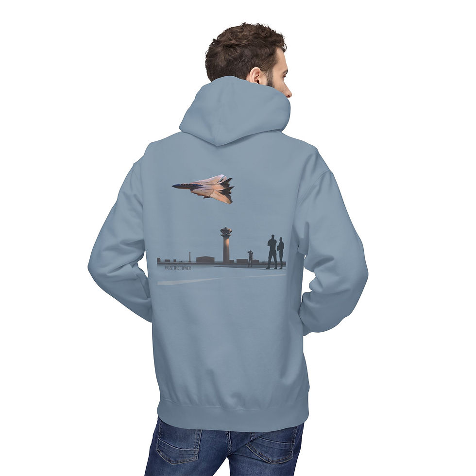 Thumbnail: Aviator Buzz the Tower Hoodie — Fighter Jet & Control Tower Silhouette