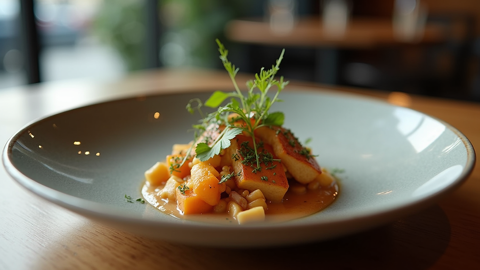 Eye-level view of a beautifully plated dish at a trendy Berlin restaurant
