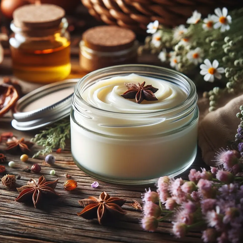 A close-up of a glass jar filled with smooth, creamy beef tallow balm.