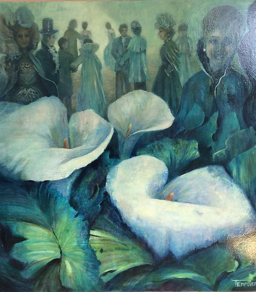 Bal, 2003 — Huile sur toile, 100x100 cm
Dans cette œuvre, la monumentalité des callas dialogue avec la légèreté des silhouettes humaines. La nature, agrandie et lumineuse, occupe le premier plan tandis que les figures suggèrent un bal hors du temps. Une exploration de l’équilibre entre faste, fragilité et mémoire.
