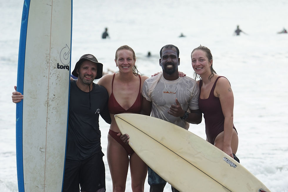 Smiling group with surfboards after surf lessons Arugam Bay.