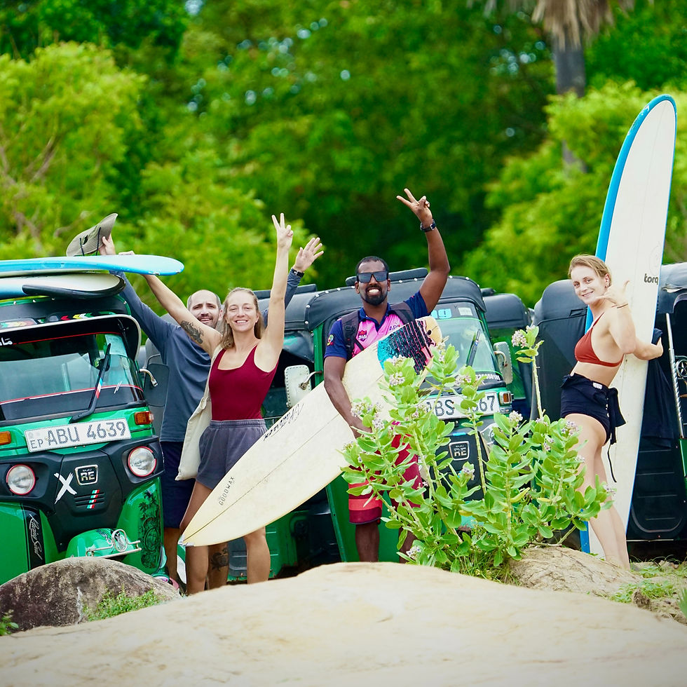 Happy surfers with boards at surf camp Arugam Bay