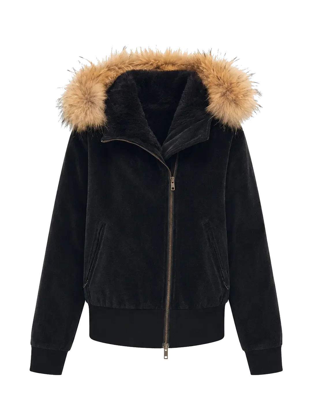 Parka de Veludo Cotelado com Capuz de Plumas Destacável para Mulher