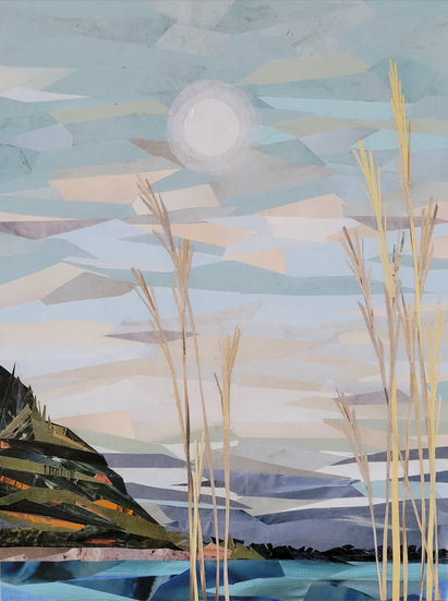 Original collage art by PNW artist Elena K. Abbott: moonlight glow above a peaceful coastal view