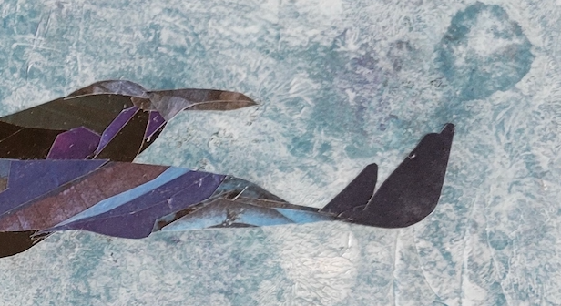 Detail of raven flying through a snowy white and blue sky, represented in found paper collage on acrylic by PNW artist Elena K. Abbott