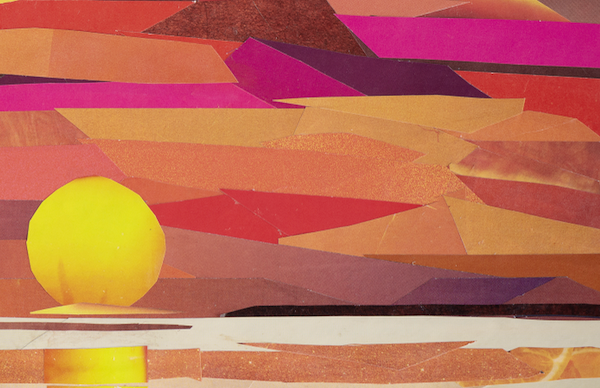 Fire on the Water, collage by PNW artist Elena K. Abbott, Detail 1—sun setting at Deception Pass