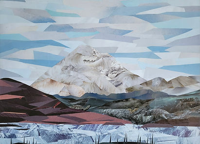 Rising Up, original collage by PNW artist Elena K. Abbott, depicting Mount Baker across Skagit Bay
