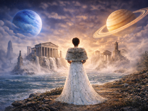 En kvinna i vit klänning står vänd mot horisonten där antika tempel reser sig ur dimman, medan Neptunus och Saturnus lyser på himlen ovanför — en bild av den sällsynta konjunktionen februari 2026.