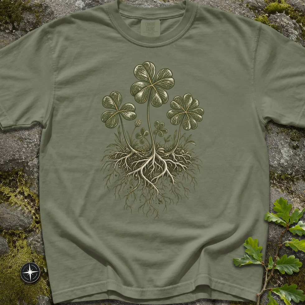 My Real North Tre-Fyra-Fem i Klöver T-shirt i salviagrönt, botanisk illustration av klöverblad med synliga rötter