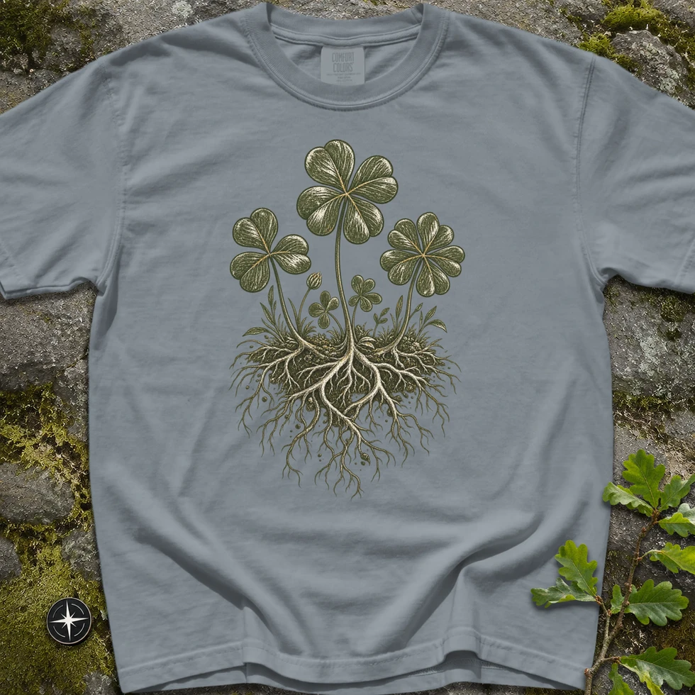 My Real North Tre-Fyra-Fem i Klöver T-shirt i granit, botanisk illustration av klöverblad med synliga rötter