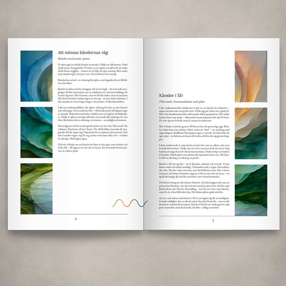 Uppslag ur boken Känslornas väg – En levande karta, med avsnitten ”Att minnas känslornas väg” och ”Känslor i 5D”, illustrerat med mjuka målningar i gröna och blå toner.